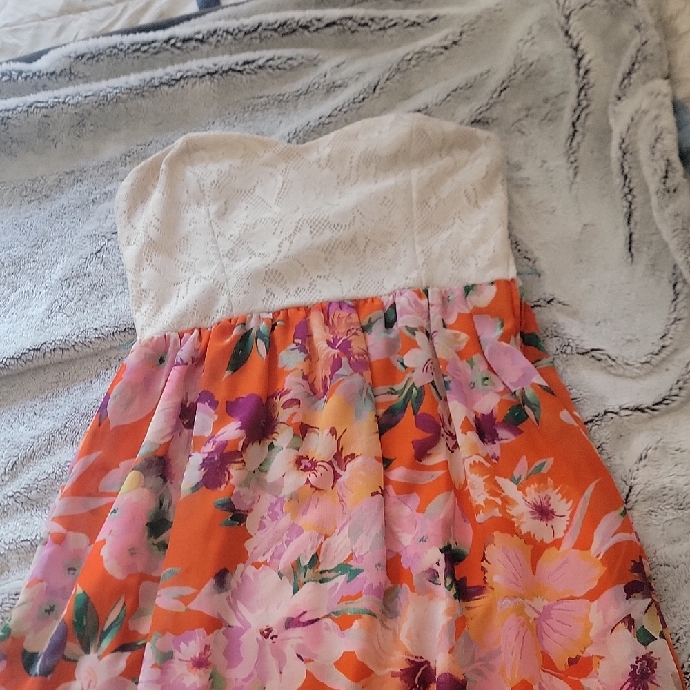 Floral Strapless Dress - Orange and White